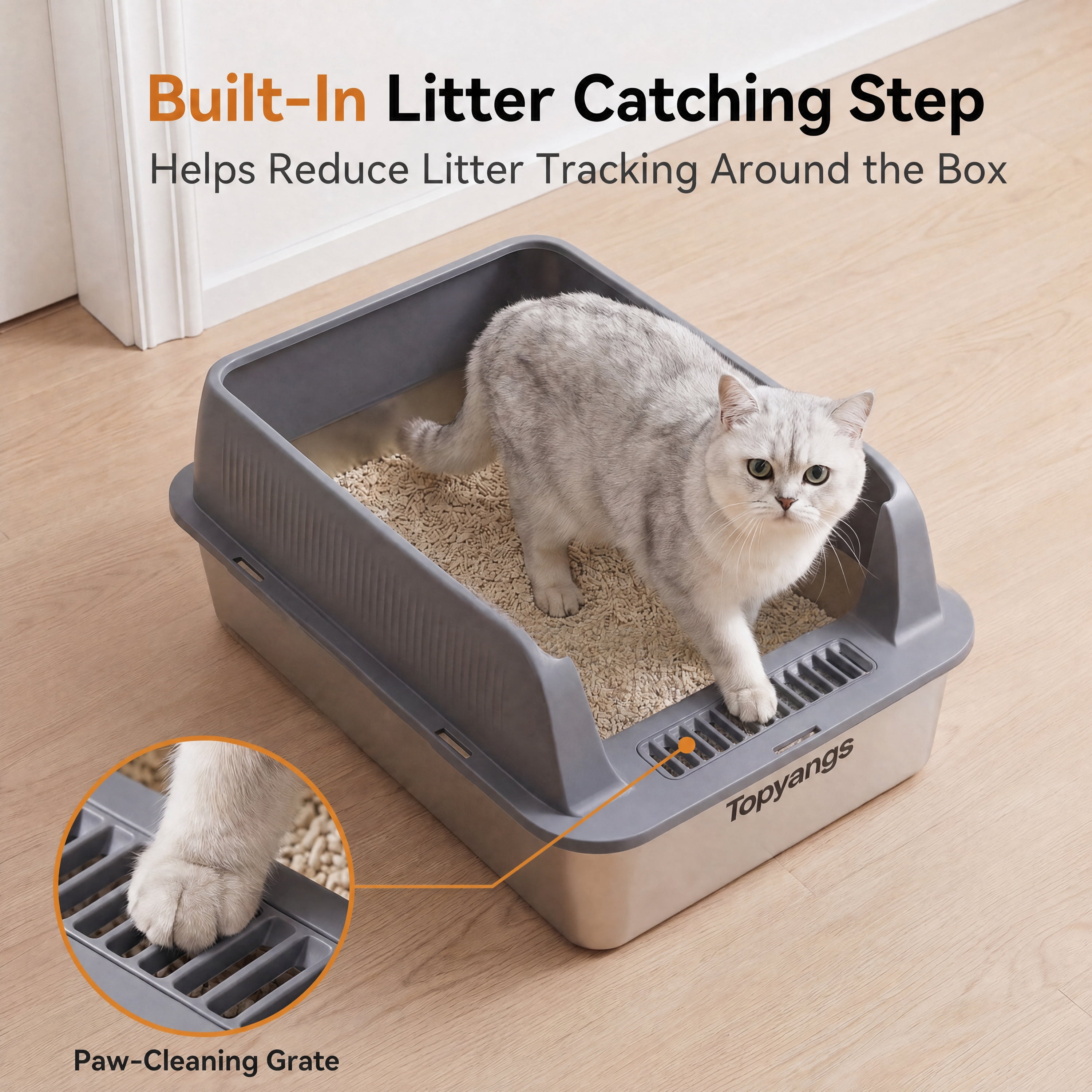 Topyangs 2 Pack Extra Large Stainless Steel Open Top Metal Cat Litter Box for Multi-Cat, Gray