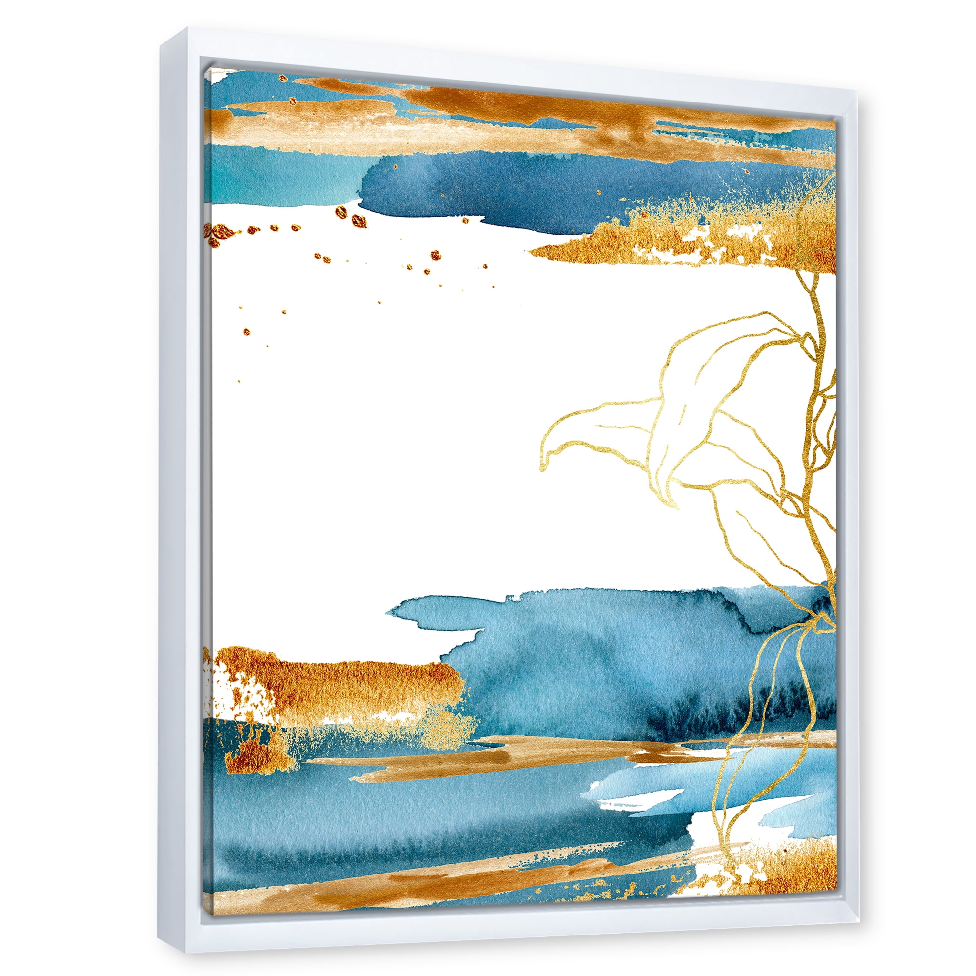 Abstract Golden Laminaria Branch & Leaves 30 in x 40 in Framed Painting Canvas Art Print, by Designart