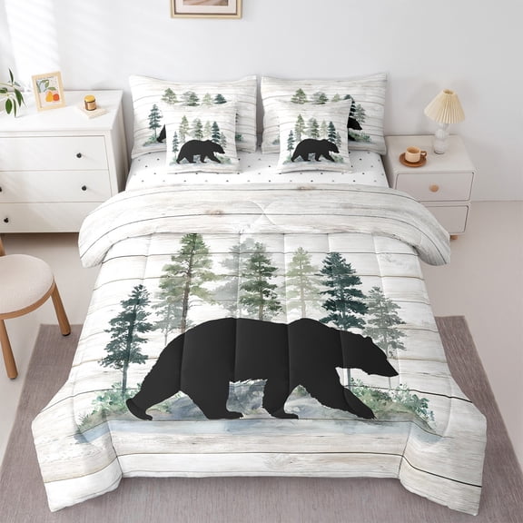 Feelyou Farmhouse Bear Print Bedding Comforter Set 7 Pieces, Woodland Animal Full Bedding Set, Teens Boys Girls Kids Fitted Sheet Flat Sheet, Luxury Bedroom Decor