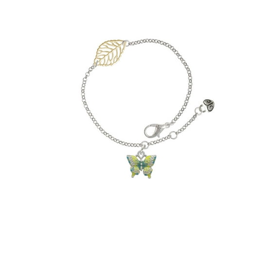 Delight Jewelry Silvertone Small Lime Green & Blue Butterfly - Goldtone Leaf Delicate Bracelet, 6.25 1.75"