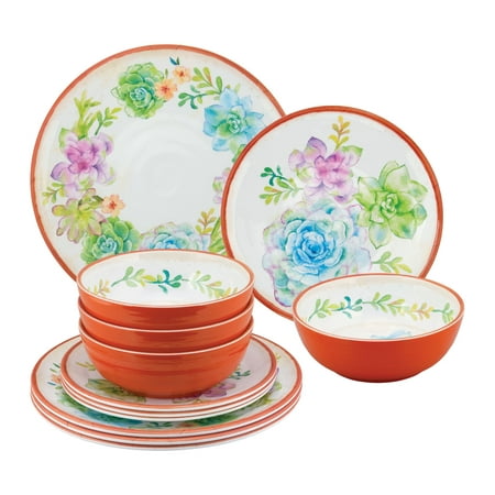 

Gourmet Art 12-Piece Melamine Dinnerware Set Includes Dinner Plates Salad Plates Bowls Service for 4. (Sweet Succulents)