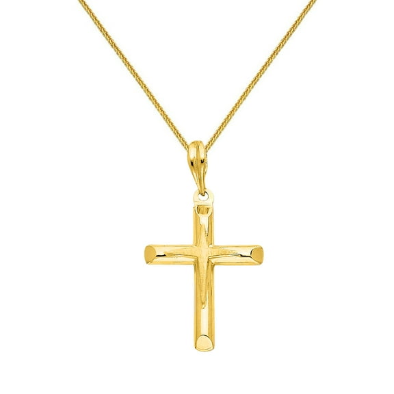 Precious Stars 14K Yellow Gold Religious 7/8" Cross Unisex Pendant with 16" Chain Necklace