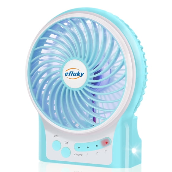 efluky Mini ventilador de escritorio de 3 velocidades, funciona con pilas recargables con luz LED, ventilador USB portátil silencioso para el hogar, oficina, viajes, camping, exterior, interior, 4,9 p