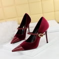thumbnail image 3 of Zapatos de tacón alto y fino para mujer, con punta de gamuza y tacón bajo, con hebilla de metal y punta recta, para banquetes, con un solo zapato para mujer, 3 of 5
