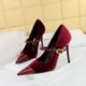thumbnail image 3 of Zapatos de tacón alto y fino para mujer, con punta de gamuza y tacón bajo, con hebilla de metal y punta recta, para banquetes, con un solo zapato para mujer, 3 of 5