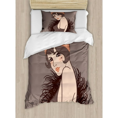 Cheeks Boots Pin up Girl Twin Size Duvet Cover Set, A Portrait of Hand Drawn Pale Skin Lady with a Mole on Cheek, Decorative 2 Piece Bedding Set with 1 Pillow Sham, Salmon Dimgrey and Dark Taupe, by Ambesonne ()