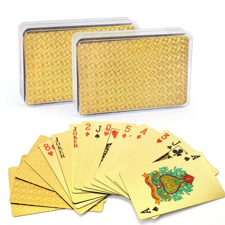 Card Deck Case (24K Gold Foil Playing Cards, 2 Decks of Cards with Boxes, Waterproof, Plastic, Mosaic Backing, Bridge Size Standard Index, for Table Cards Games, Magic)