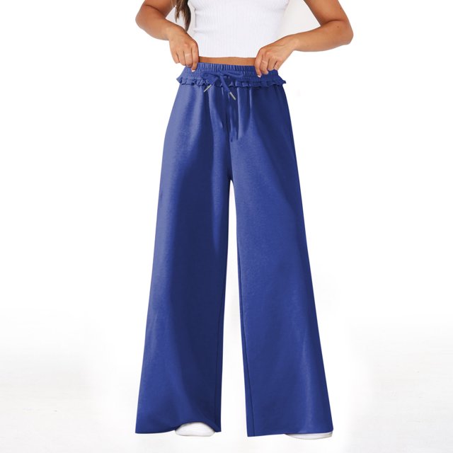 AherBiu Womens Pants High Waisted Drawstring Wide Leg Relaxed Fitted Solid Color Trousers with Pockets Fall Winter Outdoor Casual Pants