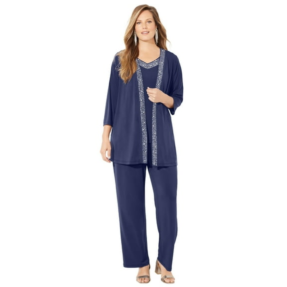 Catherines Women's Plus Size Beaded 3-Piece Cardigan Pant Suit