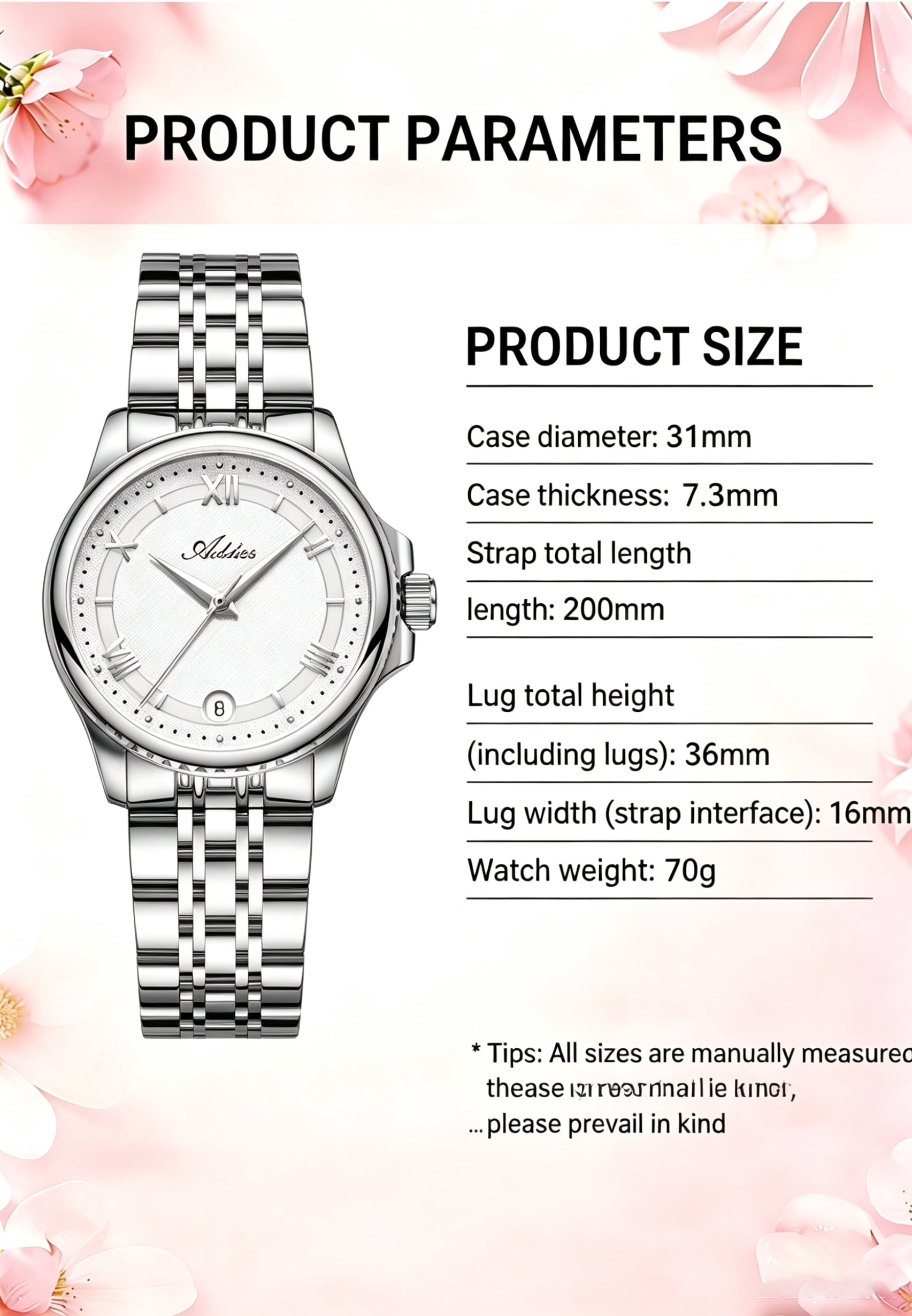 ADDIES Women's Quartz Watch 31mm with Sapphire Crystal, Japanese GM12 Movement, Stainless Steel Bracelet, Slim Case Design, 50M Waterproof Analog Watch, Gift for Women