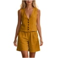 thumbnail image 2 of Costeam Womens Linen Blend 2 Piece Outfit Sleeveless V Neck Button Down Vest High Waist Shorts with Pockets Casual Summer Matching Set Lightweight Breathable, 2 of 7