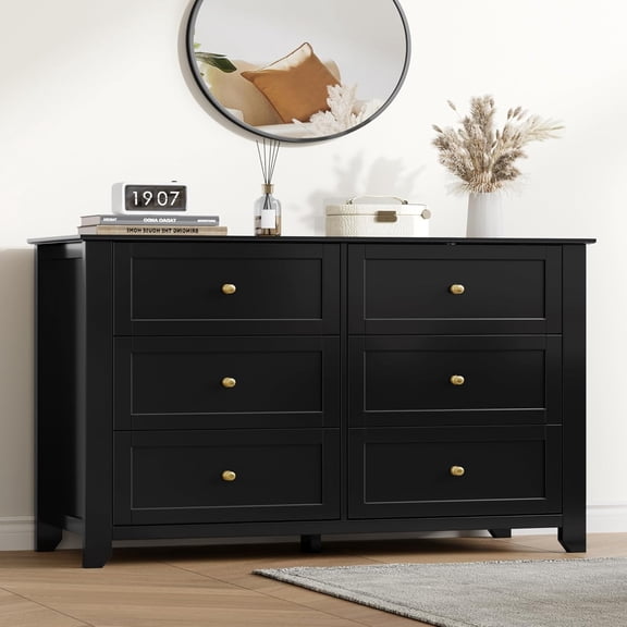 Black 6 Drawer Dresser for Bedroom, 54" Wide Large Dresser with Deep Drawers & Metal Knobs, Modern Wooden Chests of Drawers for Entryway, Hallway
