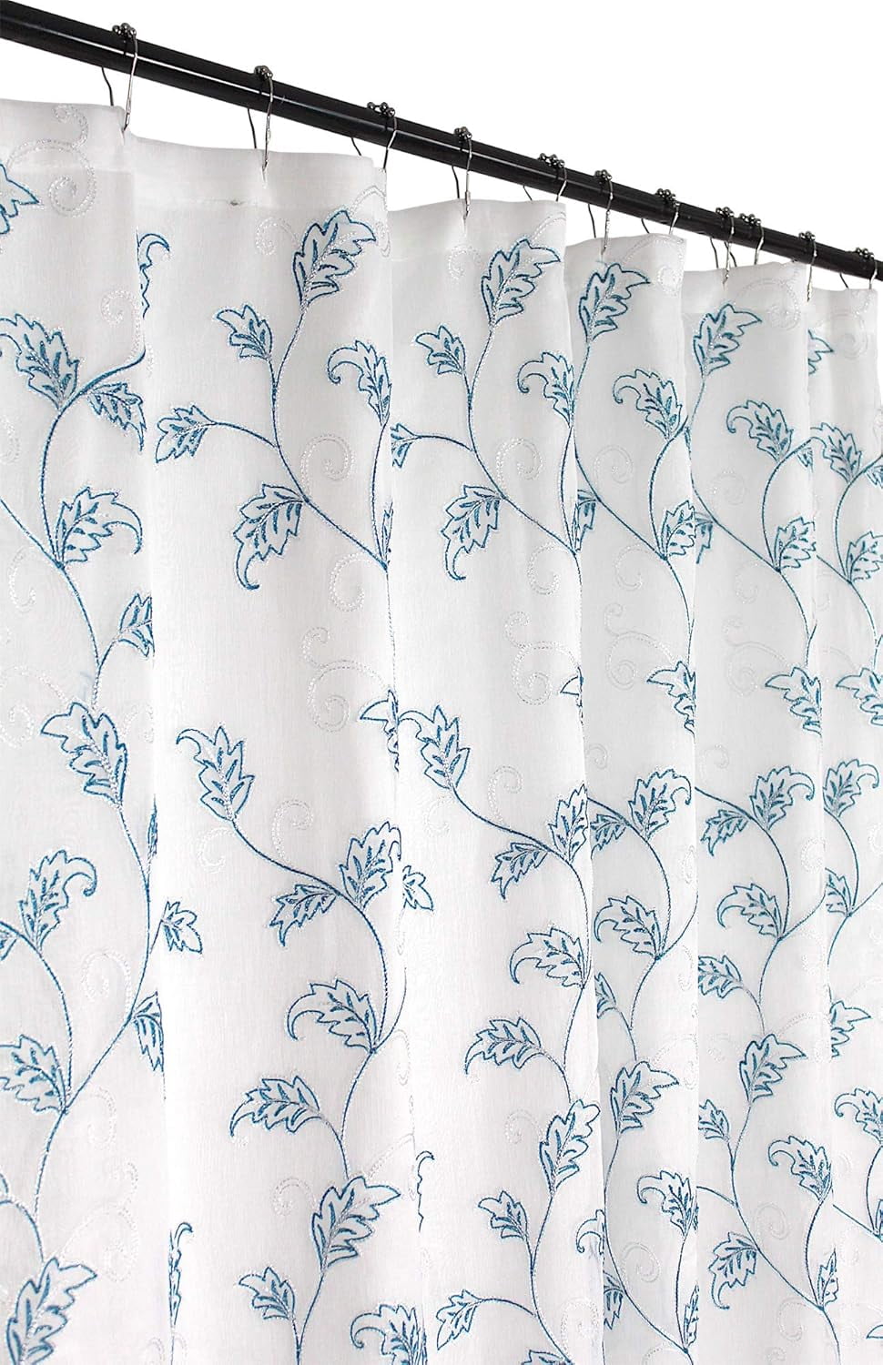 Serafina Home Decorative Sheer Fabric Shower Curtain: Two Toned Teal and White Embroidered Leaves with Metallic Threading (White/Teal) 70 x 72
