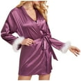 thumbnail image 3 of Feancey Womens Silk Robe Solid Color Kimonos Sleepwear for Bride Plush Trim Long Sleeve Short Bathrobe Soft Satin Nightgowns with Belt Purple M, 3 of 5