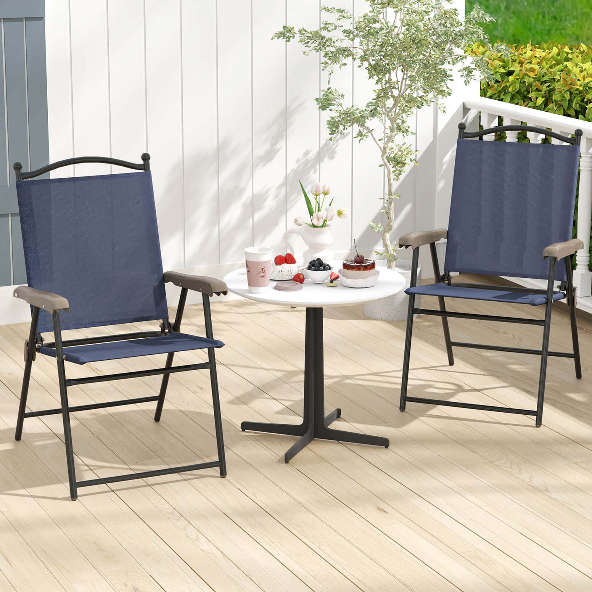 Costway Patio Folding Chairs Set of 2 with Armrests Outdoor Portable Camping Chairs Navy