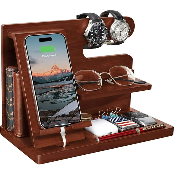 Wood Phone Docking Station - Nightstand Organizer for Cell Phone, Watch, Wallet - Birthday Gift for Dad or Husband