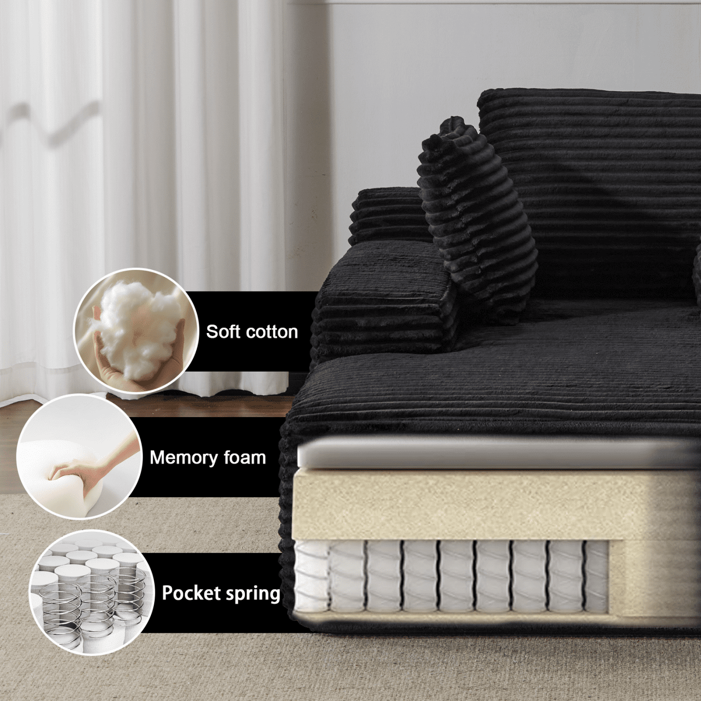 Oversized Chaise Lounge Chair Indoor, Corduroy Upholstered Sleeper Sofa Daybed with 3 Throw Pillows and Wide Armrest for Living Room, No Assembly Required,Black