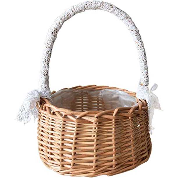 Cesta de flores de ratán, cesta tejida a mano de sauce con asa e inserto de plástico, cesta de dulces de huevo de Pascua, cestas de niña de las flores de la boda para la decoración del jardín del hog JAMW Sencillez