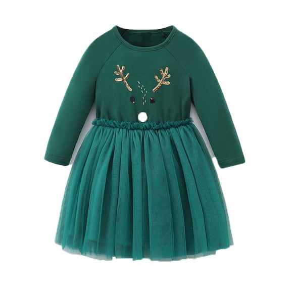 Otqutp Girls Christmas Mesh Tulle Dress Kids Double-Layer Outfit Toddler Cute Reindeer Lightweight Holiday Party Tutu Dresses