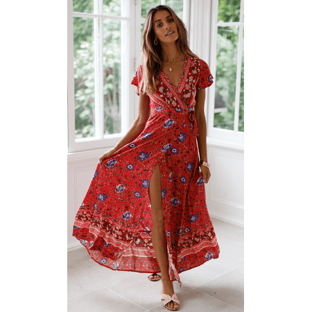 - Womens Wrap Maxi Dress Short Sleeve V Neck Floral Flowy Front Slit Beach Party Wedding Dress