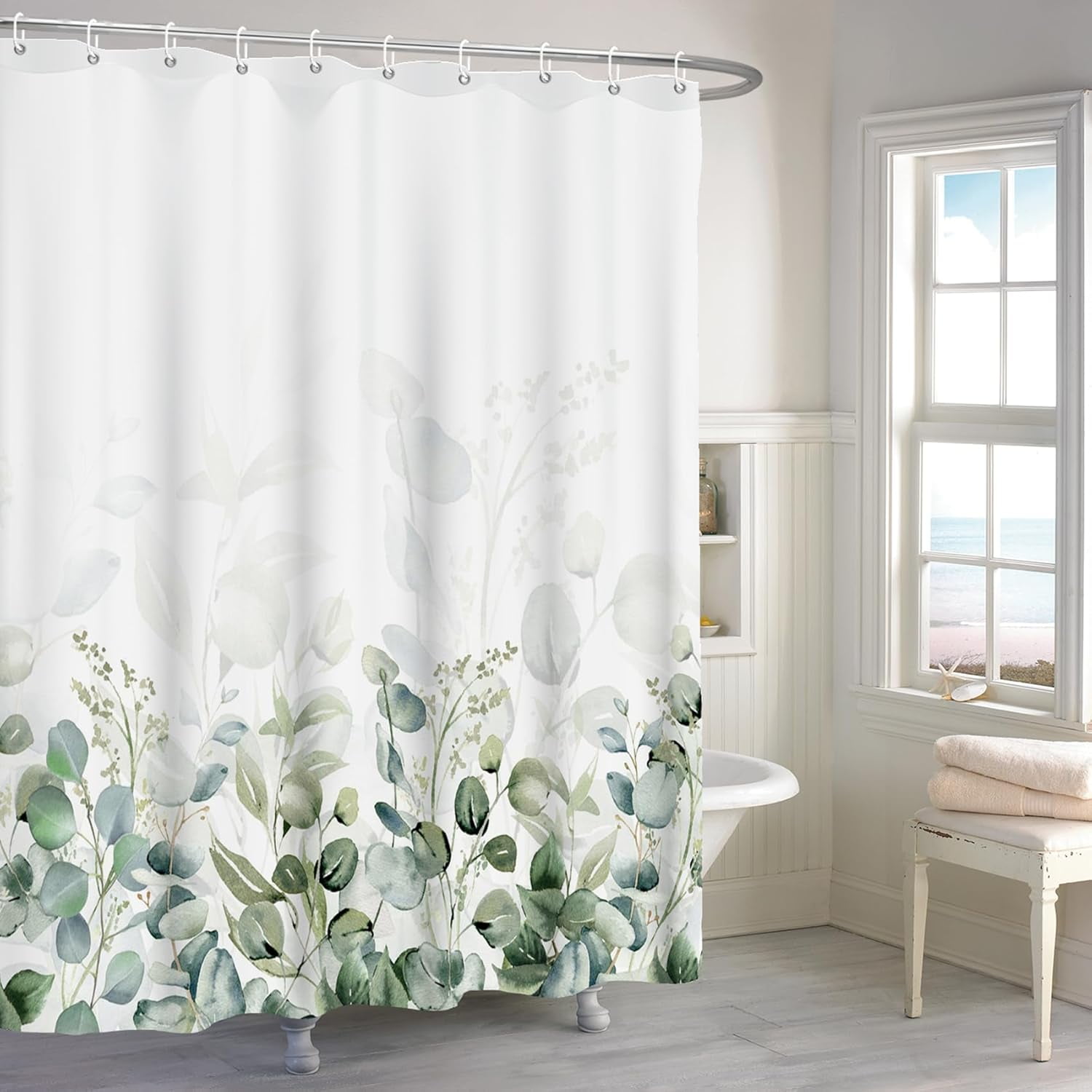 72x72 Inches Green Leaves Shower Curtain Watercolor Eucalyptus Sage Botanical Plants Flower Nature Scenery Shower Curtains for Bathroom Decor Waterproof Polyester Fabric with Hooks
