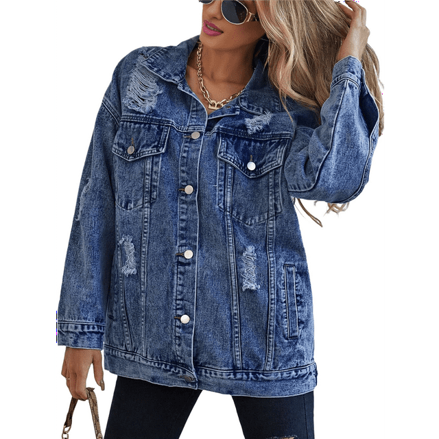 Women's Long Oversized Denim Jacket Boyfriend Ripped Distressed Jean Jackets Coat Dark Blue XXL