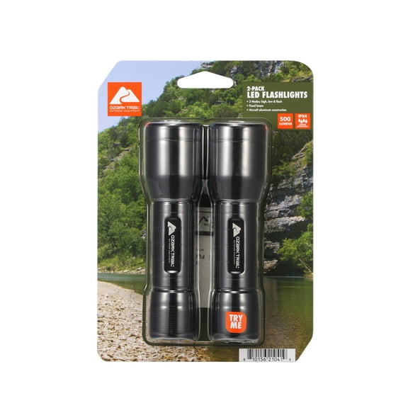 Ozark Trail 500 Lumen LED Flashlight Set - 2 Pack with Batteries, Water-Resistant & Durable Design