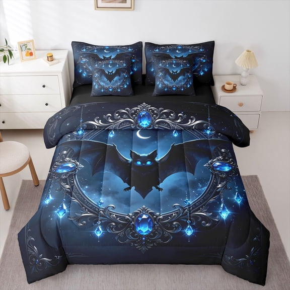 Manfei Black Bats 7-Piece Twin Bedding,Spooky Halloween Theme Bedding Comforter Set,Blue,Black Reversible