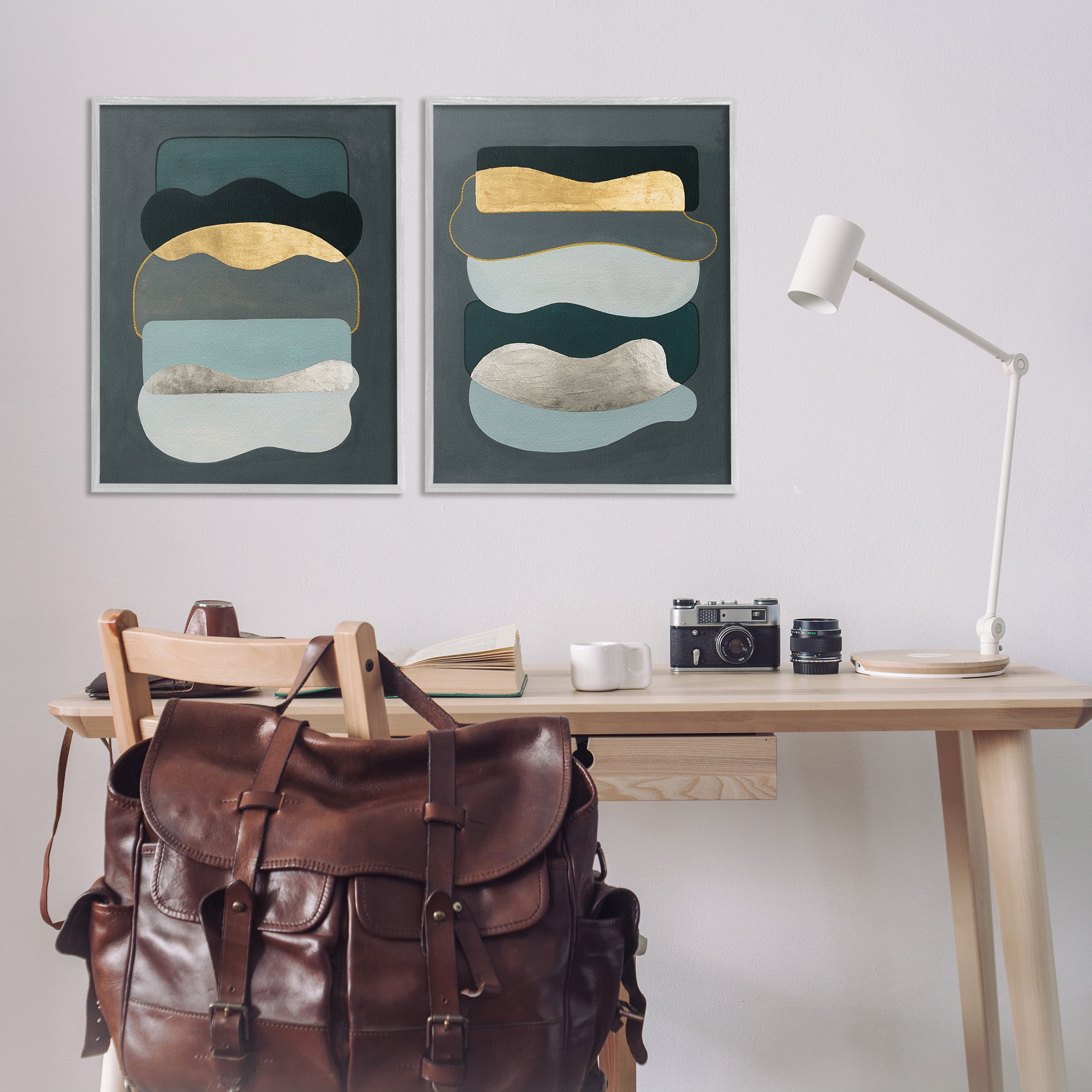 Stupell Industries Shapes with Glam Details Abstract Painting Gray Framed Art Print Wall Art, 24 x 30, Set of 2
