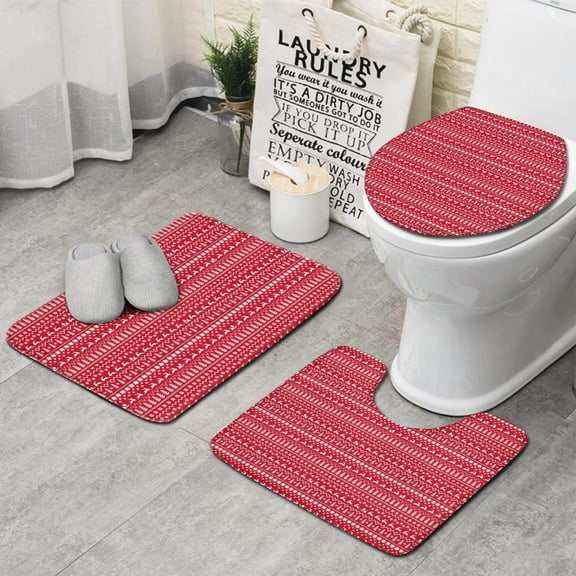 Red Christmas Pattern Bathroom Rugs Sets 3 Piece,Toilet Cover Set,Absorbent Non Slip Bathroom Mats Sets with U-Shaped Contour Rug Toilet Rug Set