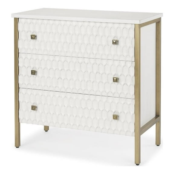 Mercana Decor Savannah 3-Drawer Accent Chest in White Wood Fir Veneer and Gold
