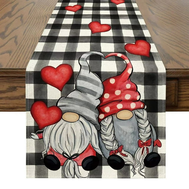 EGNMCR Tablecloths, Table Runner Valentine's Day Table Flag Festival Decoration Little Gnome Pattern Linen Table Cloth 33 * 275cm a tablecloth