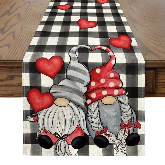 Meggemo 13 x 108.3 Inches Valentine's Day Table Runner Linen Gnome Heart Print Romantic Decor for Dining Table Party