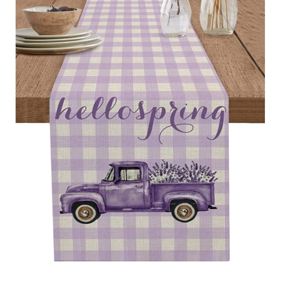 Table Runner Dresser Scarves 90 Inch Long, Hello Spring Lavender on Farm Truck Linen Dining Table Runners Purple Buffalo Checker on Burlap Tabletop Scarf for Wedding Holiday Party Kitchen