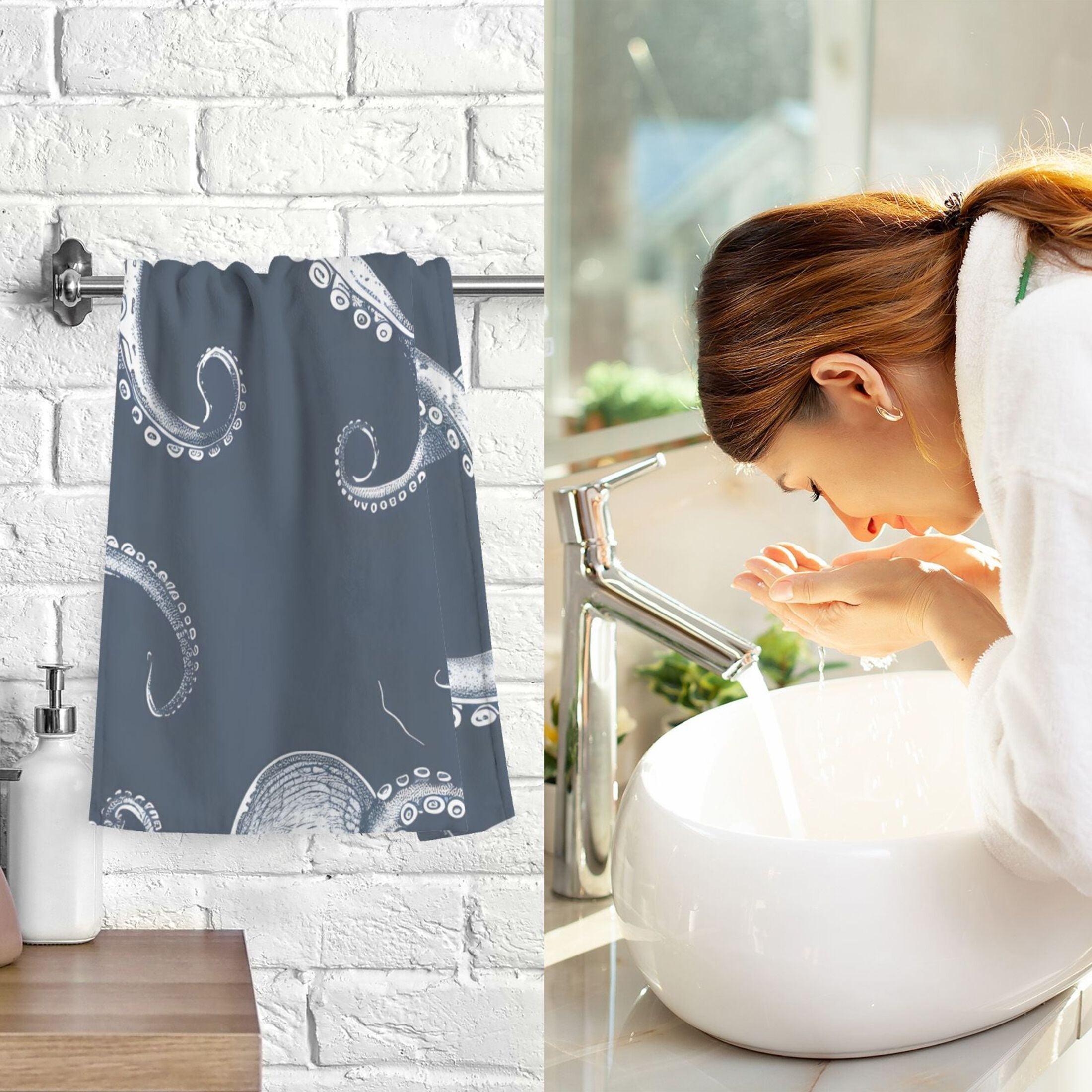 Cotton Bath Towels Soft Face Towel Absorbent Quick Dry Octopus Sketchy 16"x28" 2 Pack