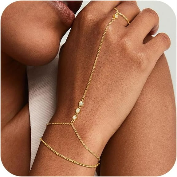 Hand Chain Bracelet Ring, 14K Gold Plated/Silver Finger Ring Bracelet, Zircon Sequins Satellite Chain for Women, Trendy Non-Tarnish Jewelry