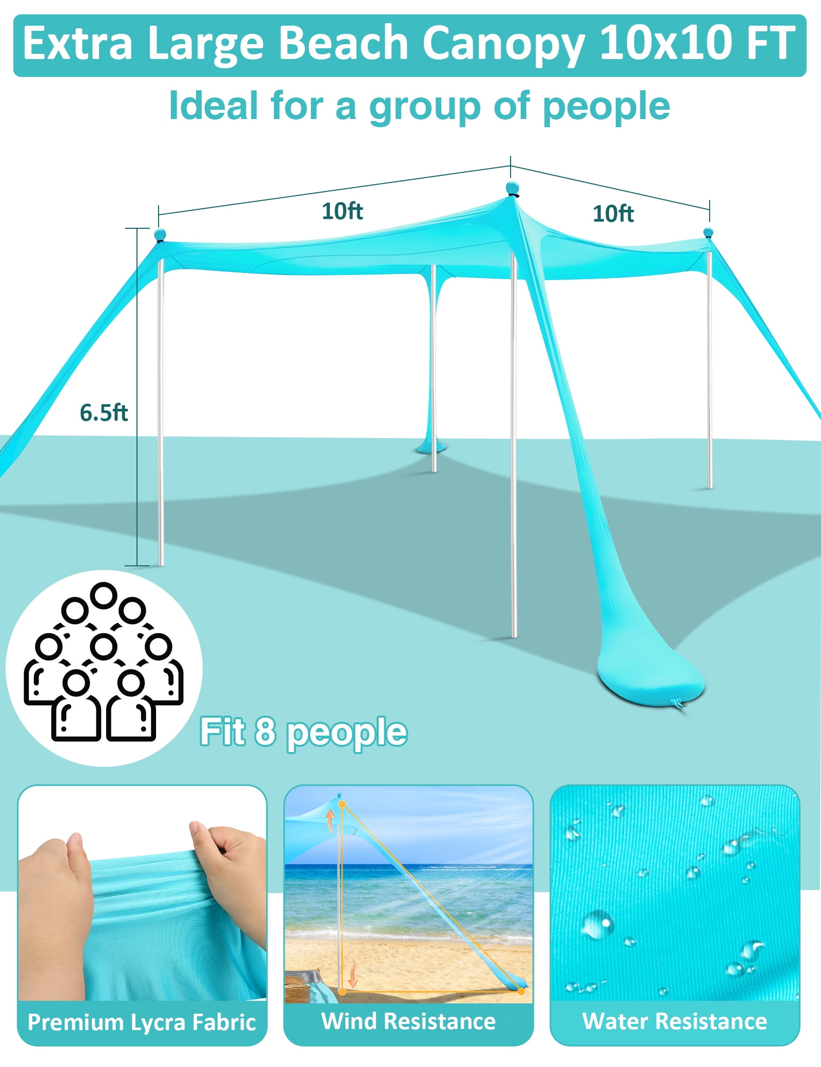 Beach Tent Canopy 10'x10' Beach Tents Sun Shelter 6-8 Person Beach Canopy Tent Sun Shade Easy Setup Pop Up Beach Shade Canopy Portable Beach Tent UPF 50+ Waterproof