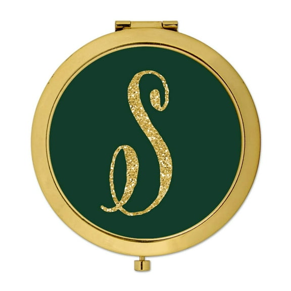 Koyal Wholesale Gold Compact Mirror Bridesmaid's Wedding Gift, Emerald Green, Monogram Letter S, 1-Pack