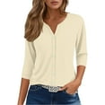 thumbnail image 4 of MESSIYO 3/4 sleeve cardigan for women Knit Shrugs Sweater Cardigan Sweater open front cardigan for women Summer Tops V Neck Print Shirts Casual Button Down 3/4 Lenght Sleeve Blouses Beige L, 4 of 6
