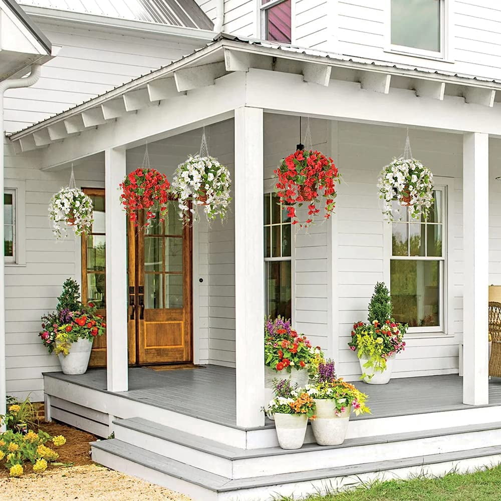 Artificial Fake Flowers Plants Hanging Baskets for Outdoor Porch Spring Decoration, Faux Silk Red Hibiscus Long Vines in Planter UV Resistant Realistic for Home Outside Balcony Patio Yard
