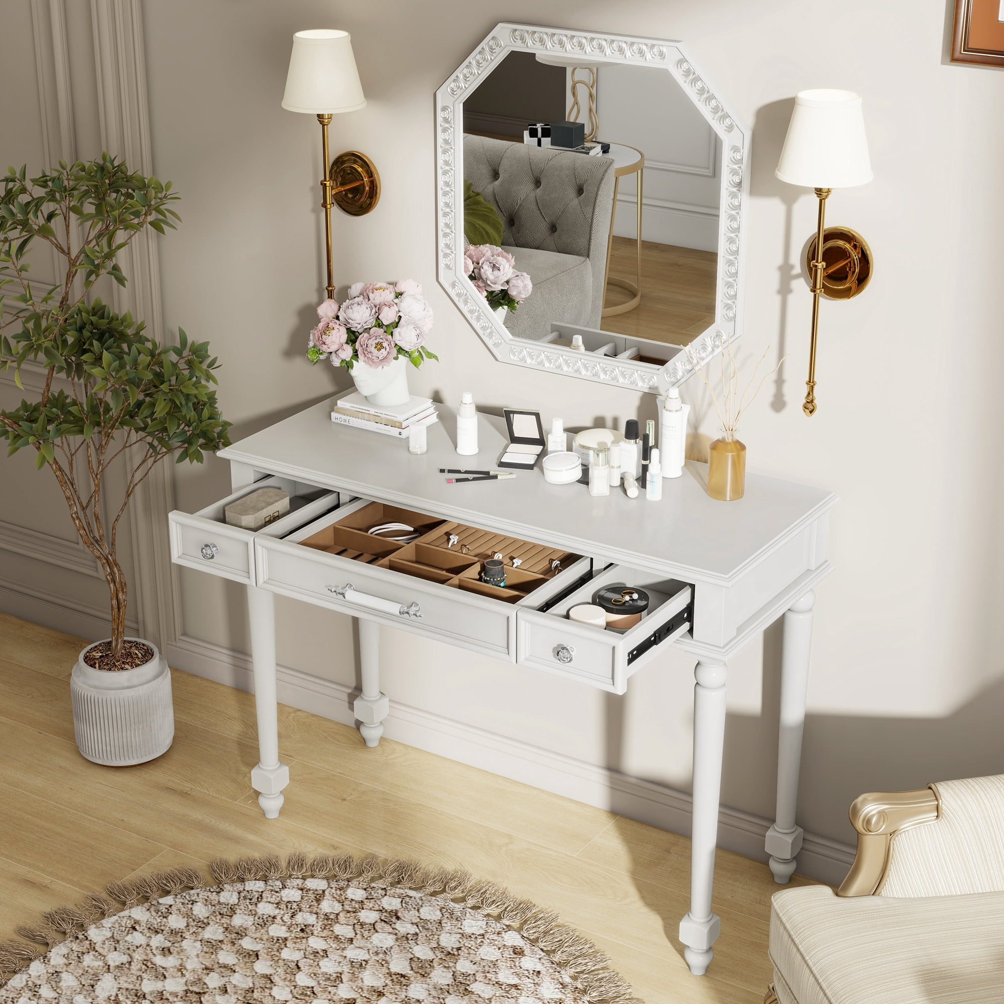 Euroco Vintage Vanity Desk with Octagonal Mirror – Distressed White Makeup Table with Storage Drawers & Carved Details