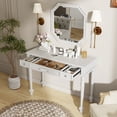 thumbnail image 3 of Euroco Vintage Vanity Desk with Octagonal Mirror – Distressed White Makeup Table with Storage Drawers & Carved Details, 3 of 8