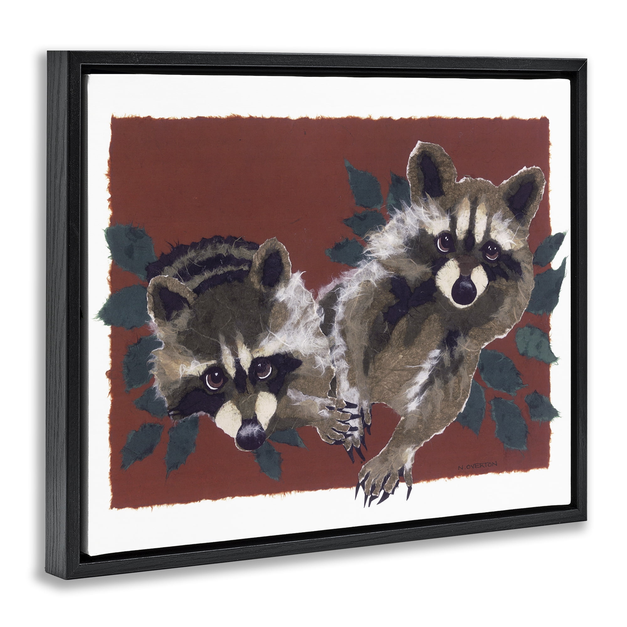 Stupell Industries Two Raccoons & Leaves Animals & Insects Painting Black Floater Framed Canvas Art Print Wall Art, 21 x 17