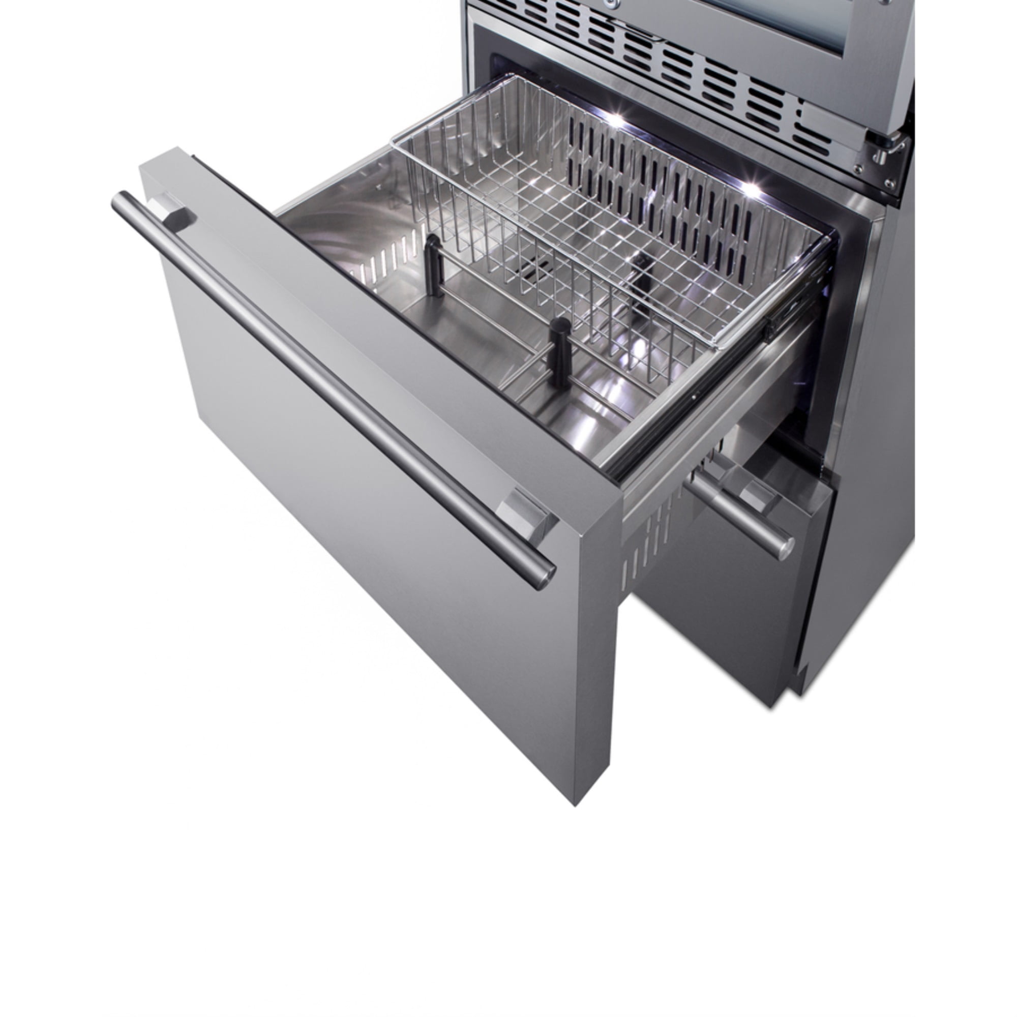 24" wide combination built-in/freestanding upright dual zone glass door wine cellar and 2-drawer refrigerator in stainless steel