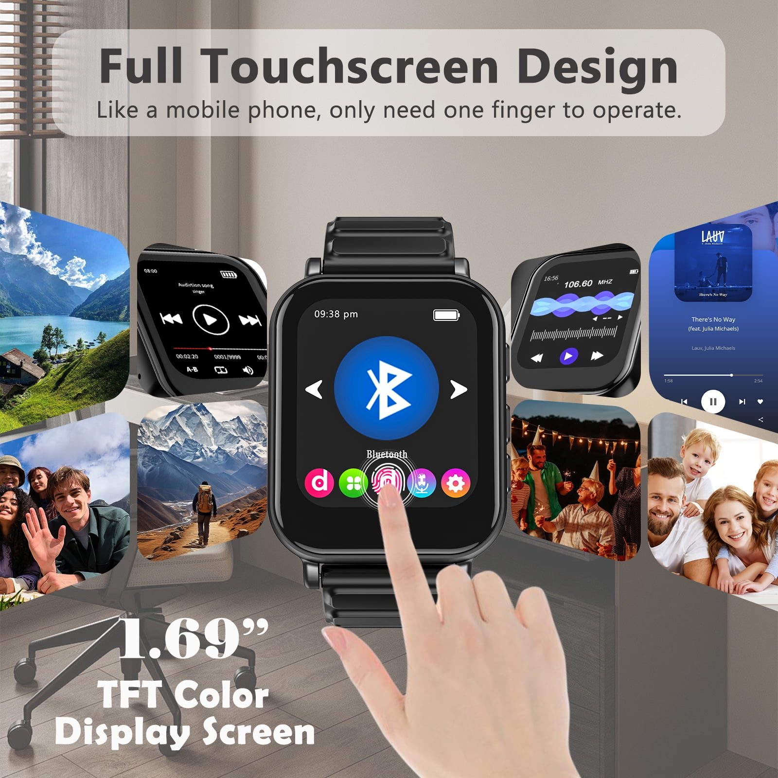 OAZOUF 32GB Smart MP3 Player Watch with Bluetooth 5.0, 1.69’’ Full Touchscreen Portable MP3 Watch with Recorder FM Stopwatch Alarm Calculator Pedometer, Black