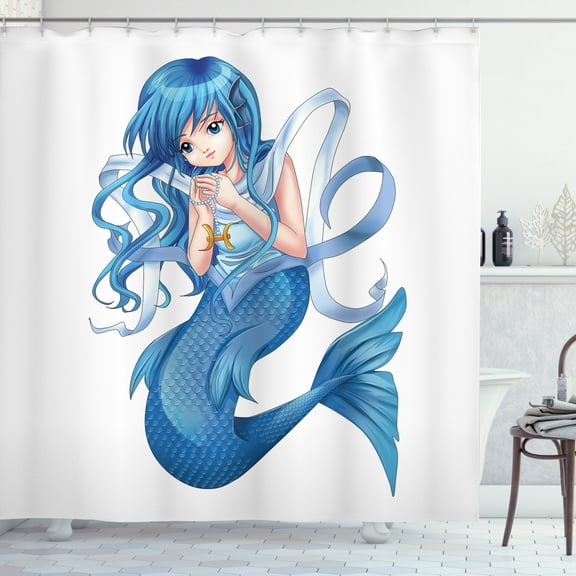 Ambesonne Anime Shower Curtain, Manga Style Pisces Girl, 69"Wx70"L, Blue and White