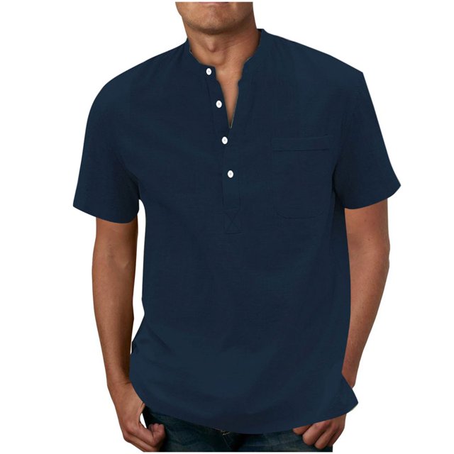 JUNWELL Men‘s Henley Shirt Solid Color Button Sport Shirt Round Neck Short Sleeve Tops with Pocket