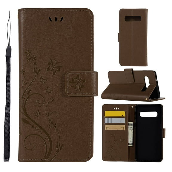 S10 Case, Samsung Galaxy S10 Case - Allytech Premium Wallet PU Leather with Fashion Embossed Flower Magnetic Clasp Card Holders Flip Cover with Hand Strap, Coffee