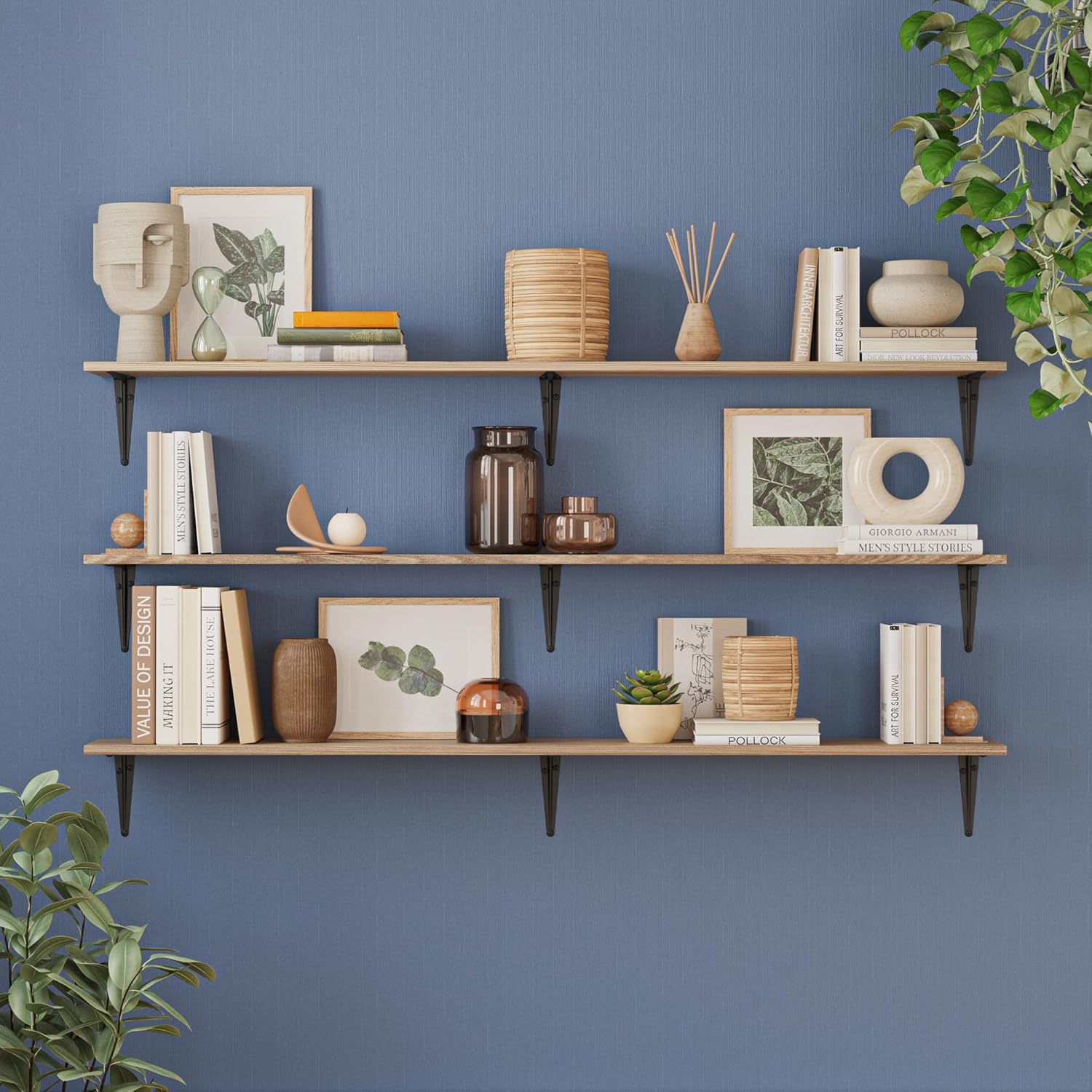 Wallniture Arras 60 inch Long, 8" Deep Rustic Floating Shelves for Wall Decor, Wall Bookshelf Living Room, Shelves for Kitchen, Pantry Floating Shelf, Set of 3, Burnt, Wood