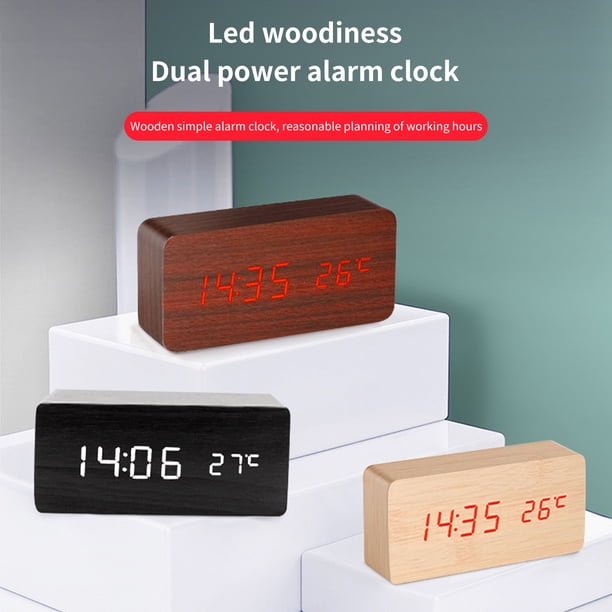Gwong Electrónica Reloj despertador Digital Pantalla de voz Control de voz Escritorio de madera LED Temporizador electrónico termómetro para sala de estar